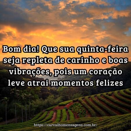 Bom dia! Que sua quinta-feira seja repleta de carinho e boas vibrações, pois um coração leve atrai momentos felizes. Bom dia! Que sua quinta-feira seja repleta de carinho e boas vibrações, pois um coração leve atrai momentos felizes.