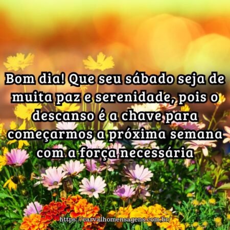 Bom dia! Que seu sábado seja de muita paz e serenidade, pois o descanso é a chave para começarmos a próxima semana com a força necessária. Bom dia! Que seu sábado seja de muita paz e serenidade, pois o descanso é a chave para começarmos a próxima semana com a força necessária.