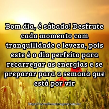 Bom dia, é sábado! Desfrute cada momento com tranquilidade e leveza, pois este é o dia perfeito para recarregar as energias e se preparar para a semana que está por vir. Bom dia, é sábado! Desfrute cada momento com tranquilidade e leveza, pois este é o dia perfeito para recarregar as energias e se preparar para a semana que está por vir.