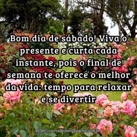 Bom dia de sábado! Viva o presente e curta cada instante, pois o final de semana te oferece o melhor da vida: tempo para relaxar e se divertir. Bom dia de sábado! Viva o presente e curta cada instante, pois o final de semana te oferece o melhor da vida: tempo para relaxar e se divertir.