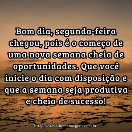 Bom dia, segunda-feira chegou, pois é o começo de uma nova semana cheia de oportunidades. Que você inicie o dia com disposição e que a semana seja produtiva e cheia de sucesso! Bom dia, segunda-feira chegou, pois é o começo de uma nova semana cheia de oportunidades. Que você inicie o dia com disposição e que a semana seja produtiva e cheia de sucesso!