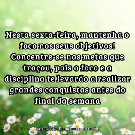 Nesta sexta-feira, mantenha o foco nos seus objetivos! Concentre-se nas metas que traçou, pois o foco e a disciplina te levarão a realizar grandes conquistas antes do final da semana. Nesta sexta-feira, mantenha o foco nos seus objetivos! Concentre-se nas metas que traçou, pois o foco e a disciplina te levarão a realizar grandes conquistas antes do final da semana.