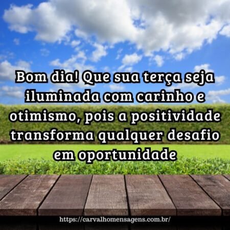 Bom dia! Que sua terça seja iluminada com carinho e otimismo, pois a positividade transforma qualquer desafio em oportunidade. Bom dia! Que sua terça seja iluminada com carinho e otimismo, pois a positividade transforma qualquer desafio em oportunidade.