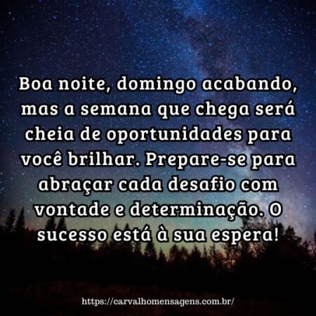 Boa noite, domingo acabando, mas a semana que chega será cheia de oportunidades para você brilhar. Prepare-se para abraçar cada desafio com vontade e determinação. O sucesso está à sua espera! Boa noite, domingo acabando, mas a semana que chega será cheia de oportunidades para você brilhar. Prepare-se para abraçar cada desafio com vontade e determinação. O sucesso está à sua espera!