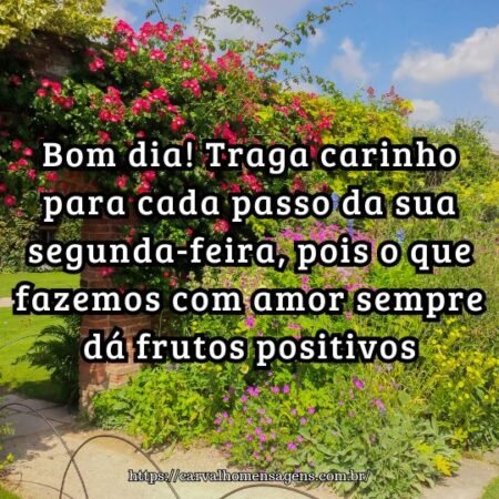 Bom dia! Traga carinho para cada passo da sua segunda-feira, pois o que fazemos com amor sempre dá frutos positivos. Bom dia! Traga carinho para cada passo da sua segunda-feira, pois o que fazemos com amor sempre dá frutos positivos.
