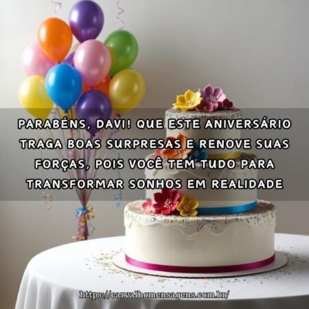 Parabéns, Davi! Que este aniversário traga boas surpresas e renove suas forças, pois você tem tudo para transformar sonhos em realidade. Parabéns, Davi! Que este aniversário traga boas surpresas e renove suas forças, pois você tem tudo para transformar sonhos em realidade.