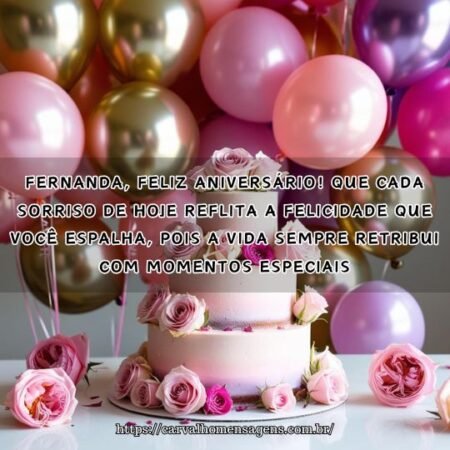 Fernanda, feliz aniversário! Que cada sorriso de hoje reflita a felicidade que você espalha, pois a vida sempre retribui com momentos especiais. Fernanda, feliz aniversário! Que cada sorriso de hoje reflita a felicidade que você espalha, pois a vida sempre retribui com momentos especiais.