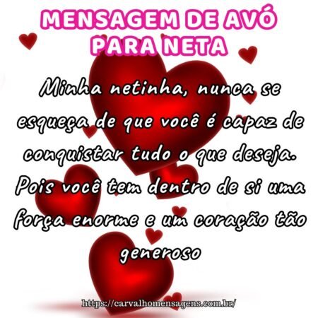 Minha netinha, nunca se esqueça de que você é capaz de conquistar tudo o que deseja. Pois você tem dentro de si uma força enorme e um coração tão generoso. Minha netinha, nunca se esqueça de que você é capaz de conquistar tudo o que deseja. Pois você tem dentro de si uma força enorme e um coração tão generoso.