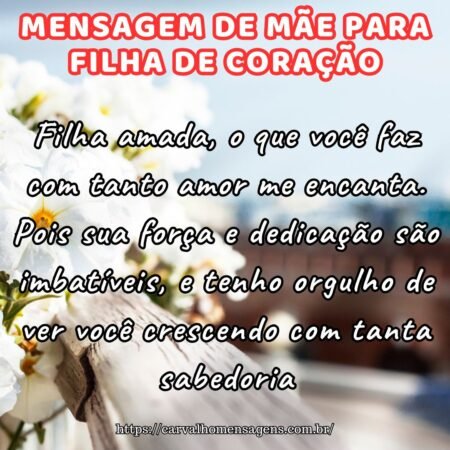 Filha amada, o que você faz com tanto amor me encanta. Pois sua força e dedicação são imbatíveis, e tenho orgulho de ver você crescendo com tanta sabedoria. Filha amada, o que você faz com tanto amor me encanta. Pois sua força e dedicação são imbatíveis, e tenho orgulho de ver você crescendo com tanta sabedoria.