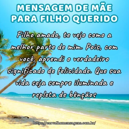Filho amado, te vejo como a melhor parte de mim. Pois, com você, aprendi o verdadeiro significado de felicidade. Que sua vida seja sempre iluminada e repleta de bênçãos. Filho amado, te vejo como a melhor parte de mim. Pois, com você, aprendi o verdadeiro significado de felicidade. Que sua vida seja sempre iluminada e repleta de bênçãos.