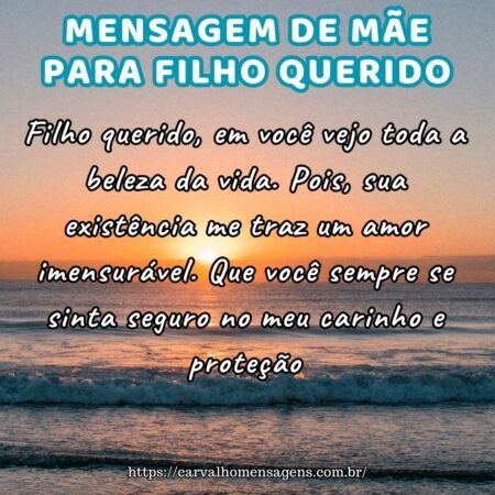 Filho querido, em você vejo toda a beleza da vida. Pois, sua existência me traz um amor imensurável. Que você sempre se sinta seguro no meu carinho e proteção. Filho querido, em você vejo toda a beleza da vida. Pois, sua existência me traz um amor imensurável. Que você sempre se sinta seguro no meu carinho e proteção.