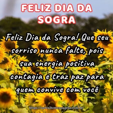 Feliz Dia da Sogra! Que seu sorriso nunca falte, pois sua energia positiva contagia e traz paz para quem convive com você. Feliz Dia da Sogra! Que seu sorriso nunca falte, pois sua energia positiva contagia e traz paz para quem convive com você.