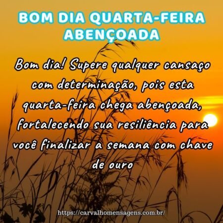 Bom dia! Supere qualquer cansaço com determinação, pois esta quarta-feira chega abençoada, fortalecendo sua resiliência para você finalizar a semana com chave de ouro. Bom dia! Supere qualquer cansaço com determinação, pois esta quarta-feira chega abençoada, fortalecendo sua resiliência para você finalizar a semana com chave de ouro.