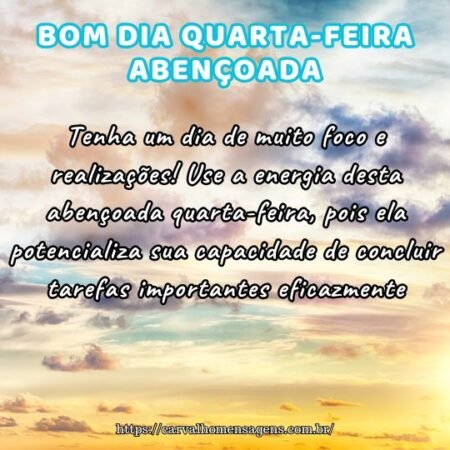 Tenha um dia de muito foco e realizações! Use a energia desta abençoada quarta-feira, pois ela potencializa sua capacidade de concluir tarefas importantes eficazmente. Tenha um dia de muito foco e realizações! Use a energia desta abençoada quarta-feira, pois ela potencializa sua capacidade de concluir tarefas importantes eficazmente.