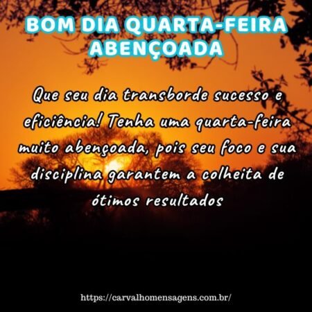 Que seu dia transborde sucesso e eficiência! Tenha uma quarta-feira muito abençoada, pois seu foco e sua disciplina garantem a colheita de ótimos resultados. Que seu dia transborde sucesso e eficiência! Tenha uma quarta-feira muito abençoada, pois seu foco e sua disciplina garantem a colheita de ótimos resultados.