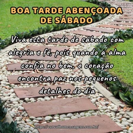 Viva esta tarde de sábado com alegria e fé, pois quando a alma confia no bem, o coração encontra paz nos pequenos detalhes do dia. Viva esta tarde de sábado com alegria e fé, pois quando a alma confia no bem, o coração encontra paz nos pequenos detalhes do dia.
