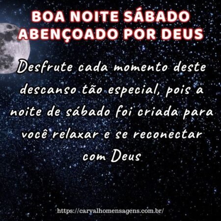 Desfrute cada momento deste descanso tão especial, pois a noite de sábado foi criada para você relaxar e se reconectar com Deus. Desfrute cada momento deste descanso tão especial, pois a noite de sábado foi criada para você relaxar e se reconectar com Deus.