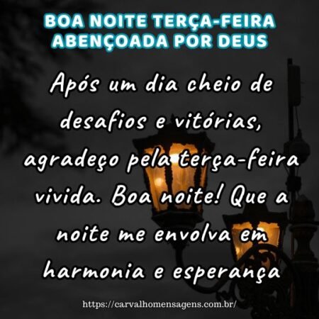 Após um dia cheio de desafios e vitórias, agradeço pela terça-feira vivida. Boa noite! Que a noite me envolva em harmonia e esperança. Após um dia cheio de desafios e vitórias, agradeço pela terça-feira vivida. Boa noite! Que a noite me envolva em harmonia e esperança.