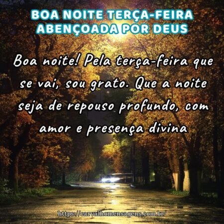 Boa noite! Pela terça-feira que se vai, sou grato. Que a noite seja de repouso profundo, com amor e presença divina. Boa noite! Pela terça-feira que se vai, sou grato. Que a noite seja de repouso profundo, com amor e presença divina.