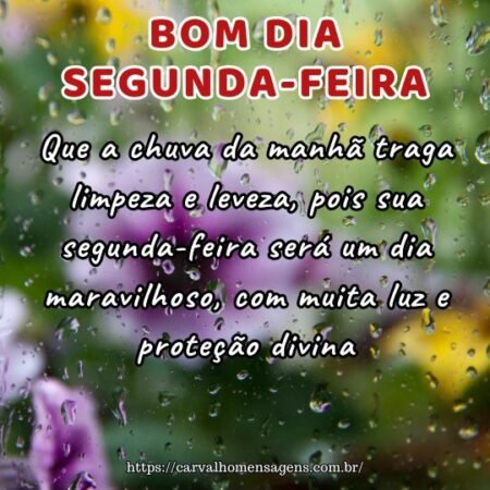 Que a chuva da manhã traga limpeza e leveza, pois sua segunda-feira será um dia maravilhoso, com muita luz e proteção divina. Que a chuva da manhã traga limpeza e leveza, pois sua segunda-feira será um dia maravilhoso, com muita luz e proteção divina.