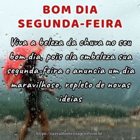 Viva a beleza da chuva no seu bom dia, pois ela embeleza sua segunda-feira e anuncia um dia maravilhoso, repleto de novas ideias. Viva a beleza da chuva no seu bom dia, pois ela embeleza sua segunda-feira e anuncia um dia maravilhoso, repleto de novas ideias.