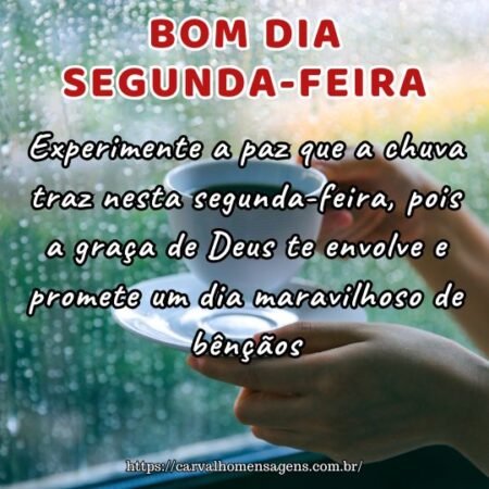 Experimente a paz que a chuva traz nesta segunda-feira, pois a graça de Deus te envolve e promete um dia maravilhoso de bênçãos. Experimente a paz que a chuva traz nesta segunda-feira, pois a graça de Deus te envolve e promete um dia maravilhoso de bênçãos.