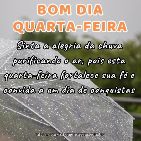 Sinta a alegria da chuva purificando o ar, pois esta quarta-feira fortalece sua fé e convida a um dia de conquistas. Sinta a alegria da chuva purificando o ar, pois esta quarta-feira fortalece sua fé e convida a um dia de conquistas.