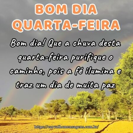 Bom dia! Que a chuva desta quarta-feira purifique o caminho, pois a fé ilumina e traz um dia de muita paz. Bom dia! Que a chuva desta quarta-feira purifique o caminho, pois a fé ilumina e traz um dia de muita paz.