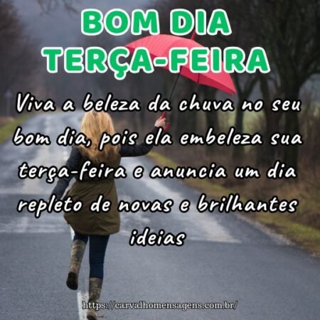 Viva a beleza da chuva no seu bom dia, pois ela embeleza sua terça-feira e anuncia um dia repleto de novas e brilhantes ideias. Viva a beleza da chuva no seu bom dia, pois ela embeleza sua terça-feira e anuncia um dia repleto de novas e brilhantes ideias.