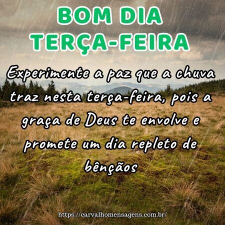 Experimente a paz que a chuva traz nesta terça-feira, pois a graça de Deus te envolve e promete um dia repleto de bênçãos. Experimente a paz que a chuva traz nesta terça-feira, pois a graça de Deus te envolve e promete um dia repleto de bênçãos.