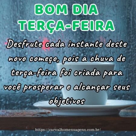Desfrute cada instante deste novo começo, pois a chuva de terça-feira foi criada para você prosperar e alcançar seus objetivos. Desfrute cada instante deste novo começo, pois a chuva de terça-feira foi criada para você prosperar e alcançar seus objetivos.