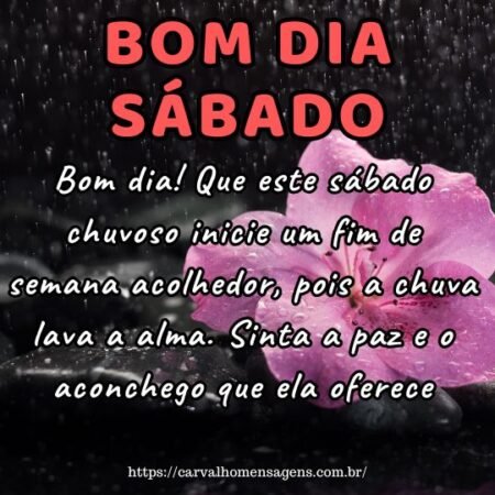 Bom dia! Que este sábado chuvoso inicie um fim de semana acolhedor, pois a chuva lava a alma. Sinta a paz e o aconchego que ela oferece. Bom dia! Que este sábado chuvoso inicie um fim de semana acolhedor, pois a chuva lava a alma. Sinta a paz e o aconchego que ela oferece.