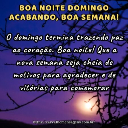 O domingo termina trazendo paz ao coração. Boa noite! Que a nova semana seja cheia de motivos para agradecer e de vitórias para comemorar. O domingo termina trazendo paz ao coração. Boa noite! Que a nova semana seja cheia de motivos para agradecer e de vitórias para comemorar.
