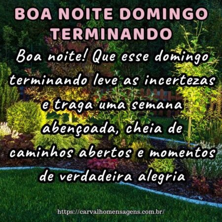 Boa noite! Que esse domingo terminando leve as incertezas e traga uma semana abençoada, cheia de caminhos abertos e momentos de verdadeira alegria. Boa noite! Que esse domingo terminando leve as incertezas e traga uma semana abençoada, cheia de caminhos abertos e momentos de verdadeira alegria.
