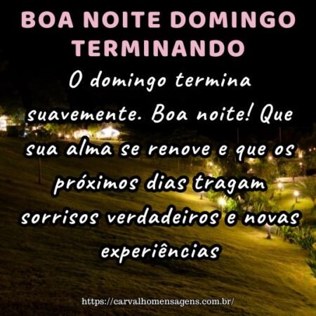 O domingo termina suavemente. Boa noite! Que sua alma se renove e que os próximos dias tragam sorrisos verdadeiros e novas experiências. O domingo termina suavemente. Boa noite! Que sua alma se renove e que os próximos dias tragam sorrisos verdadeiros e novas experiências.