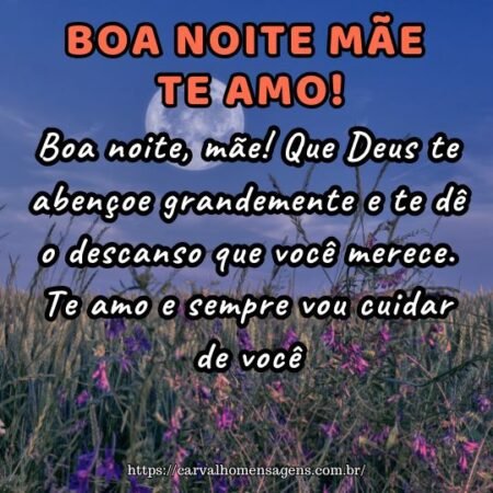 Boa noite, mãe! Que Deus te abençoe grandemente e te dê o descanso que você merece. Te amo e sempre vou cuidar de você. Boa noite, mãe! Que Deus te abençoe grandemente e te dê o descanso que você merece. Te amo e sempre vou cuidar de você.
