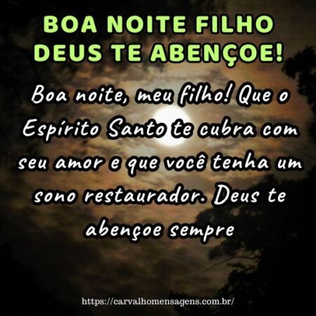Boa noite, meu filho! Que o Espírito Santo te cubra com seu amor e que você tenha um sono restaurador. Deus te abençoe sempre. Boa noite, meu filho! Que o Espírito Santo te cubra com seu amor e que você tenha um sono restaurador. Deus te abençoe sempre.