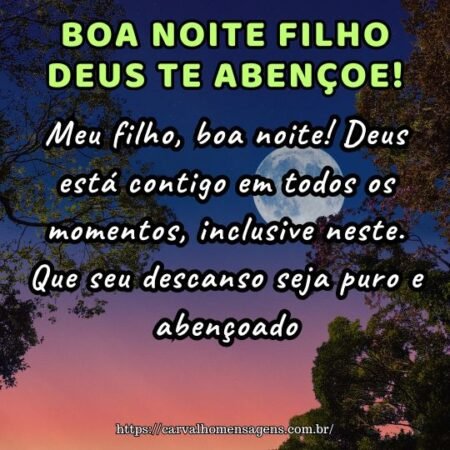 Meu filho, boa noite! Deus está contigo em todos os momentos, inclusive neste. Que seu descanso seja puro e abençoado. Meu filho, boa noite! Deus está contigo em todos os momentos, inclusive neste. Que seu descanso seja puro e abençoado.
