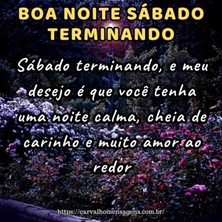 Sábado terminando, e meu desejo é que você tenha uma noite calma, cheia de carinho e muito amor ao redor. Sábado terminando, e meu desejo é que você tenha uma noite calma, cheia de carinho e muito amor ao redor.