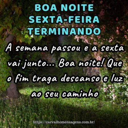 A semana passou e a sexta vai junto... Boa noite! Que o fim traga descanso e luz ao seu caminho. A semana passou e a sexta vai junto... Boa noite! Que o fim traga descanso e luz ao seu caminho.