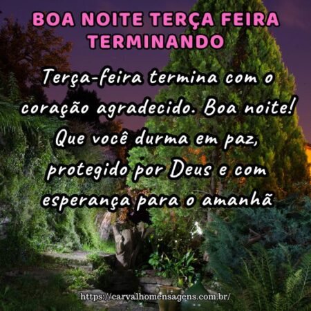 Terça-feira termina com o coração agradecido. Boa noite! Que você durma em paz, protegido por Deus e com esperança para o amanhã. Terça-feira termina com o coração agradecido. Boa noite! Que você durma em paz, protegido por Deus e com esperança para o amanhã.