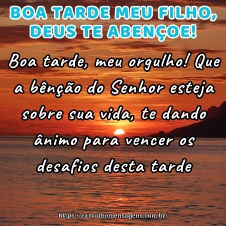 Boa tarde, meu orgulho! Que a bênção do Senhor esteja sobre sua vida, te dando ânimo para vencer os desafios desta tarde. Boa tarde, meu orgulho! Que a bênção do Senhor esteja sobre sua vida, te dando ânimo para vencer os desafios desta tarde.