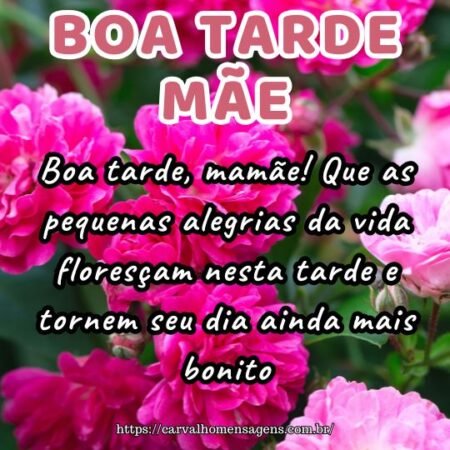 Boa tarde, mamãe! Que as pequenas alegrias da vida floresçam nesta tarde e tornem seu dia ainda mais bonito. Boa tarde, mamãe! Que as pequenas alegrias da vida floresçam nesta tarde e tornem seu dia ainda mais bonito.