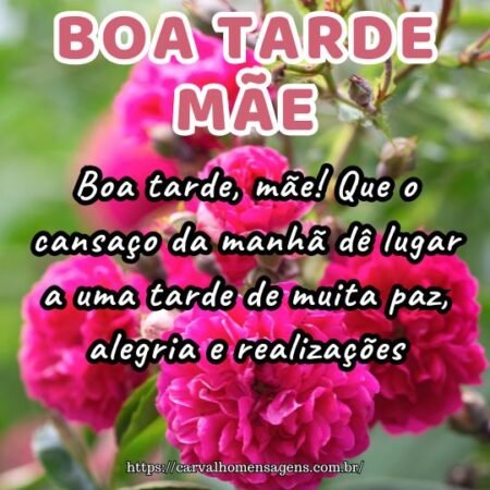 Boa tarde, mãe! Que o cansaço da manhã dê lugar a uma tarde de muita paz, alegria e realizações. Boa tarde, mãe! Que o cansaço da manhã dê lugar a uma tarde de muita paz, alegria e realizações.