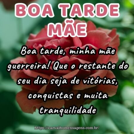 Boa tarde, minha mãe guerreira! Que o restante do seu dia seja de vitórias, conquistas e muita tranquilidade. Boa tarde, minha mãe guerreira! Que o restante do seu dia seja de vitórias, conquistas e muita tranquilidade.