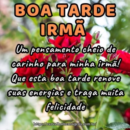 Um pensamento cheio de carinho para minha irmã! Que esta boa tarde renove suas energias e traga muita felicidade. Um pensamento cheio de carinho para minha irmã! Que esta boa tarde renove suas energias e traga muita felicidade.