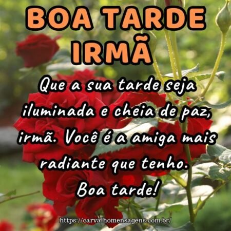 Que a sua tarde seja iluminada e cheia de paz, irmã. Você é a amiga mais radiante que tenho. Boa tarde! Que a sua tarde seja iluminada e cheia de paz, irmã. Você é a amiga mais radiante que tenho. Boa tarde!