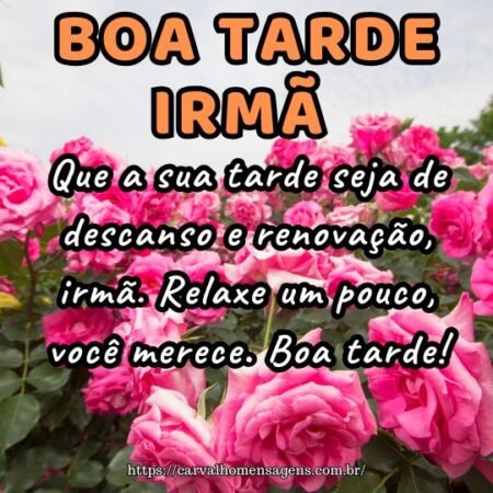 Que a sua tarde seja de descanso e renovação, irmã. Relaxe um pouco, você merece. Boa tarde! Que a sua tarde seja de descanso e renovação, irmã. Relaxe um pouco, você merece. Boa tarde!