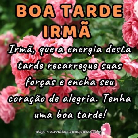 Irmã, que a energia desta tarde recarregue suas forças e encha seu coração de alegria. Tenha uma boa tarde! Irmã, que a energia desta tarde recarregue suas forças e encha seu coração de alegria. Tenha uma boa tarde!