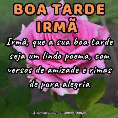 Irmã, que a sua boa tarde seja um lindo poema, com versos de amizade e rimas de pura alegria. Irmã, que a sua boa tarde seja um lindo poema, com versos de amizade e rimas de pura alegria.